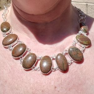 New Oversized Unakite Silver Statement Necklace.